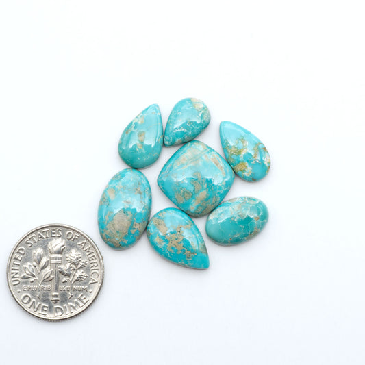 Fox Turquoise cabochons, polished gemstones with natural matrix on a white background, with a US dime for scale