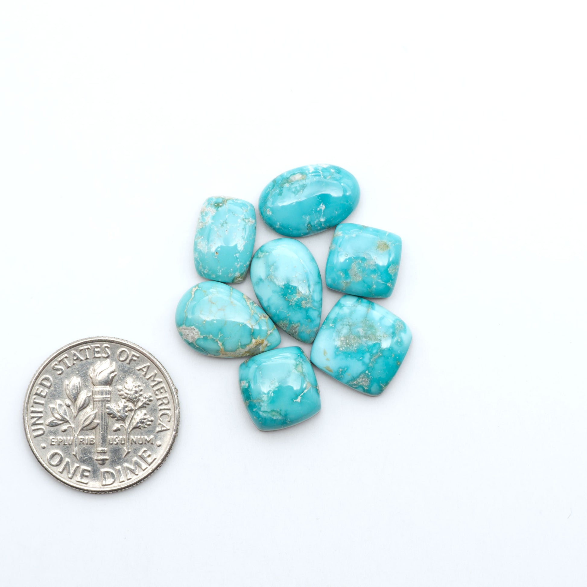 Fox Turquoise cabochons, polished gemstones with natural matrix on a white background, with a US dime for scale