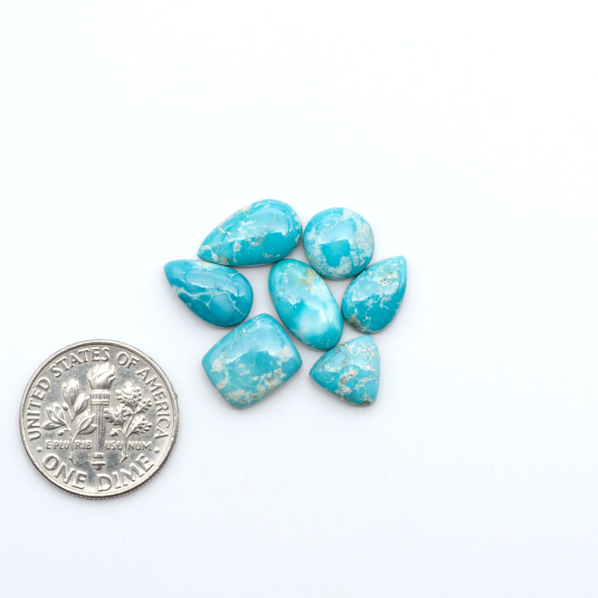 Fox Turquoise cabochons, polished gemstones with natural matrix on a white background, with a US dime for scale