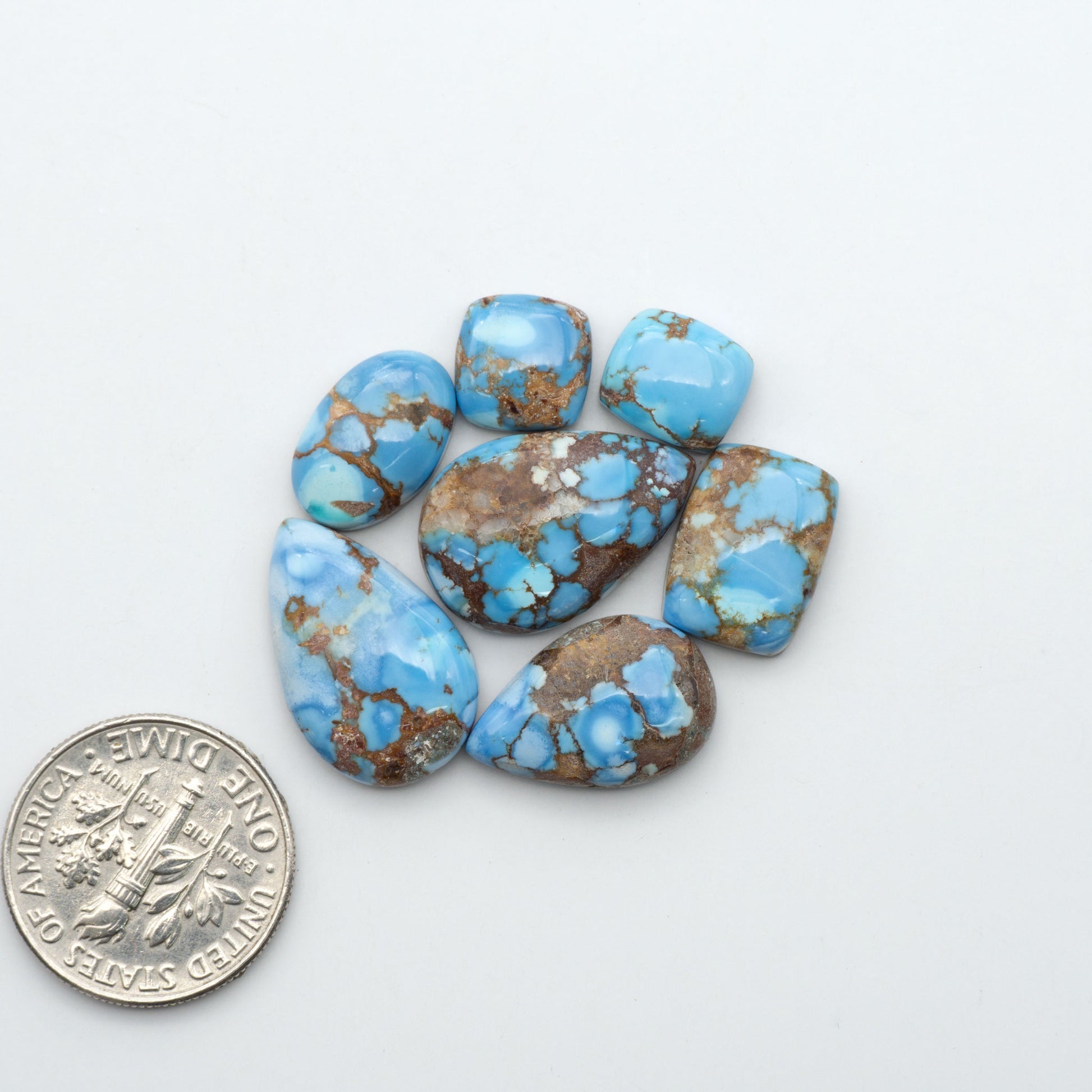 Golden Hills Turquoise cabochons, icy blue to lavender tones with chocolate matrix, polished stones on a white background with a US dime for scale