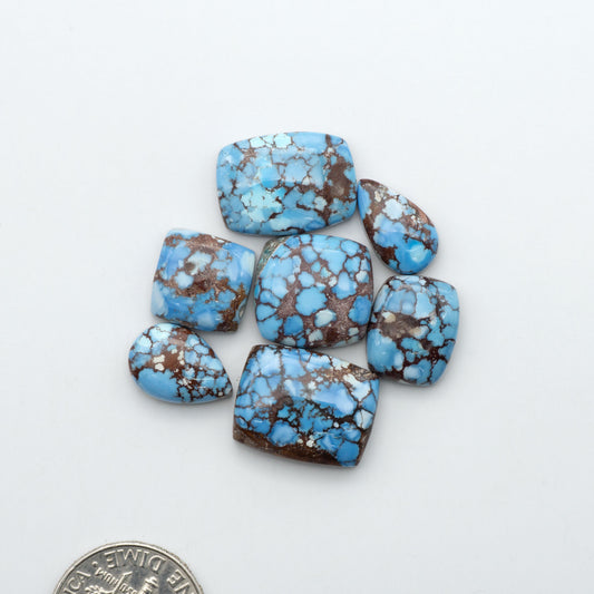 Golden Hills Turquoise cabochons, icy blue to lavender tones with chocolate matrix, polished stones on a white background with a US dime for scale