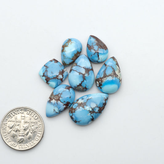 Golden Hills Turquoise cabochons, icy blue to lavender tones with chocolate matrix, polished stones on a white background with a US dime for scale