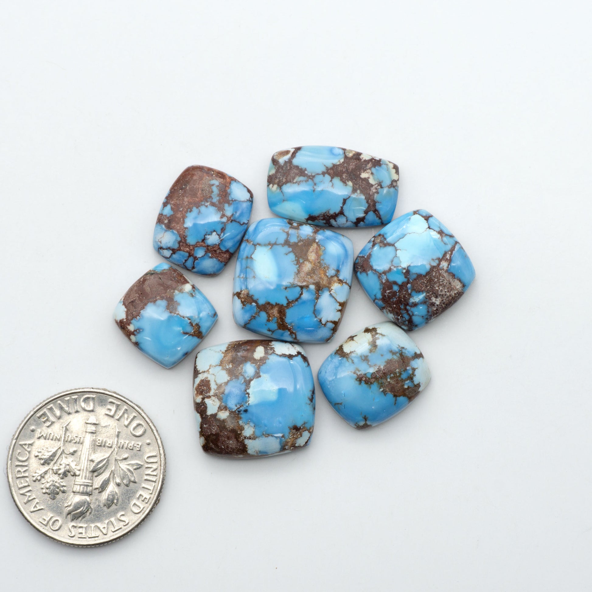 Golden Hills Turquoise cabochons, icy blue to lavender tones with chocolate matrix, polished stones on a white background with a US dime for scale