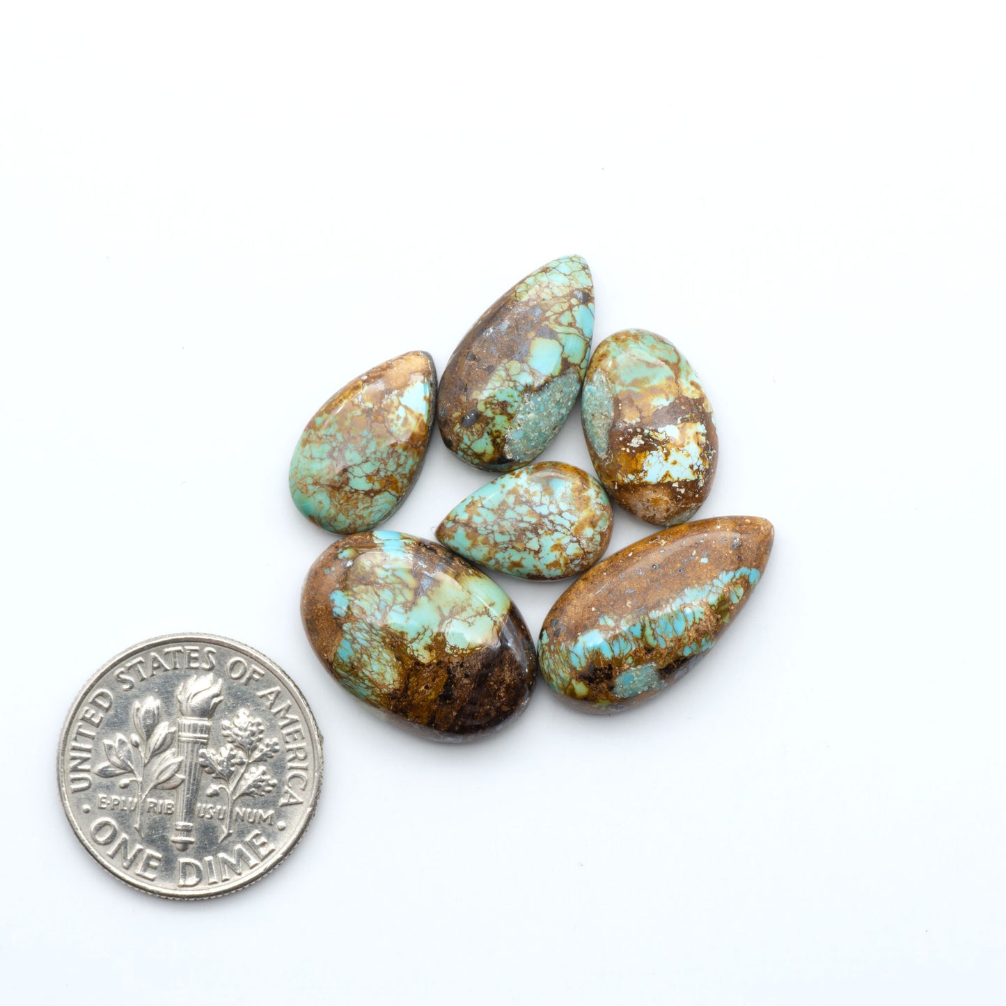 Royston Turquoise cabochons, blue-green color with natural matrix, polished stones on a white background, with a US dime for scale