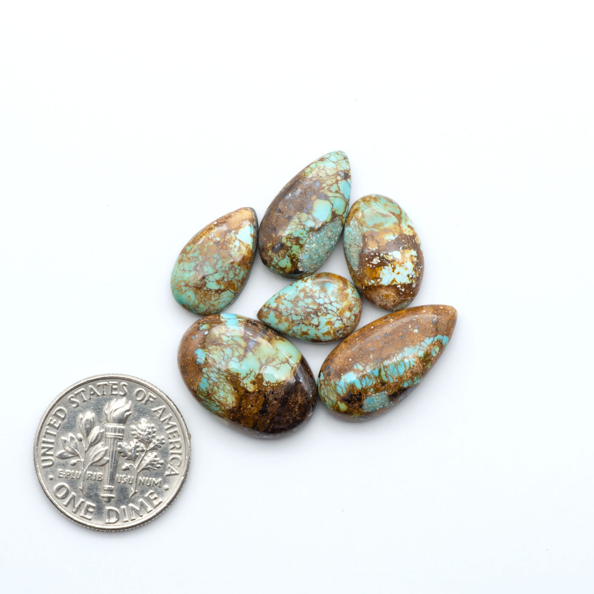 Royston Turquoise cabochons, blue-green color with natural matrix, polished stones on a white background, with a US dime for scale