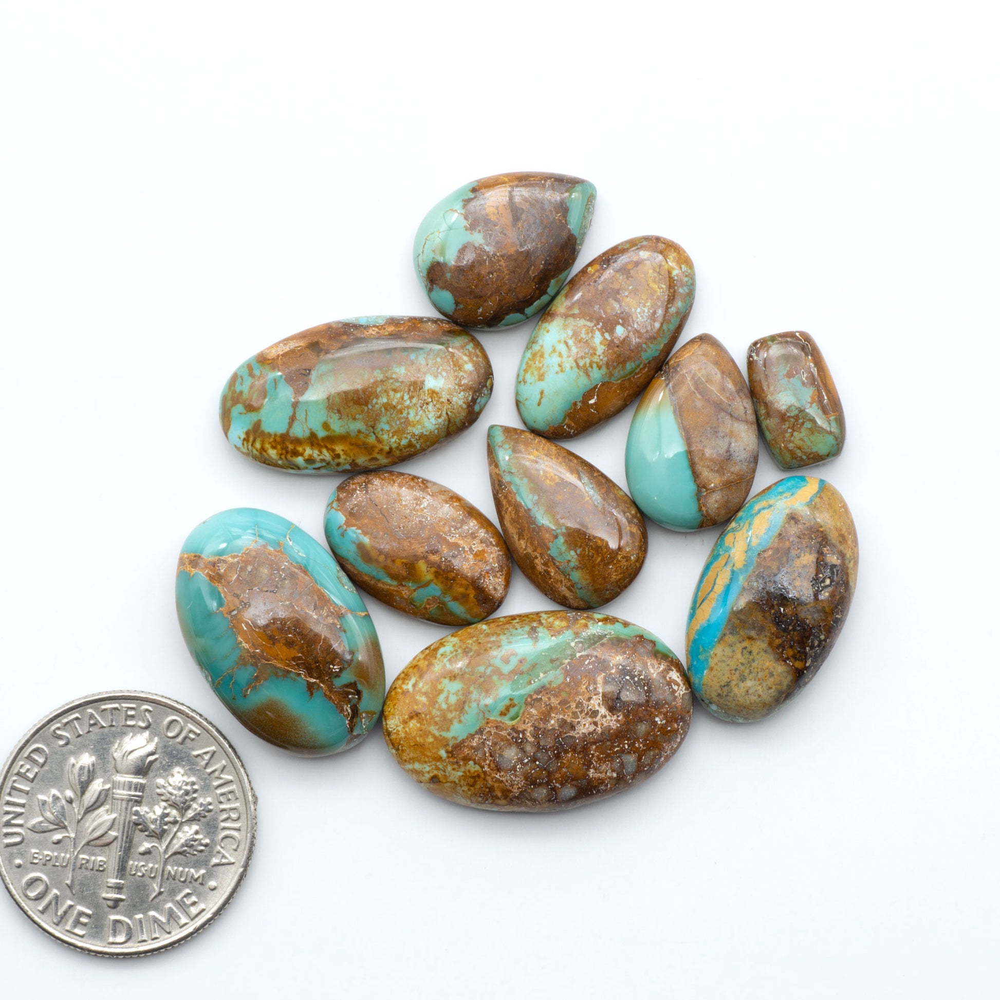 Royston Turquoise cabochons, blue-green color with natural matrix, polished stones on a white background, with a US dime for scale