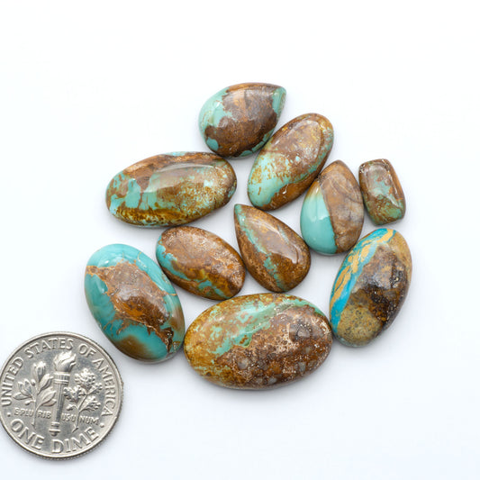 Royston Turquoise cabochons, blue-green color with natural matrix, polished stones on a white background, with a US dime for scale