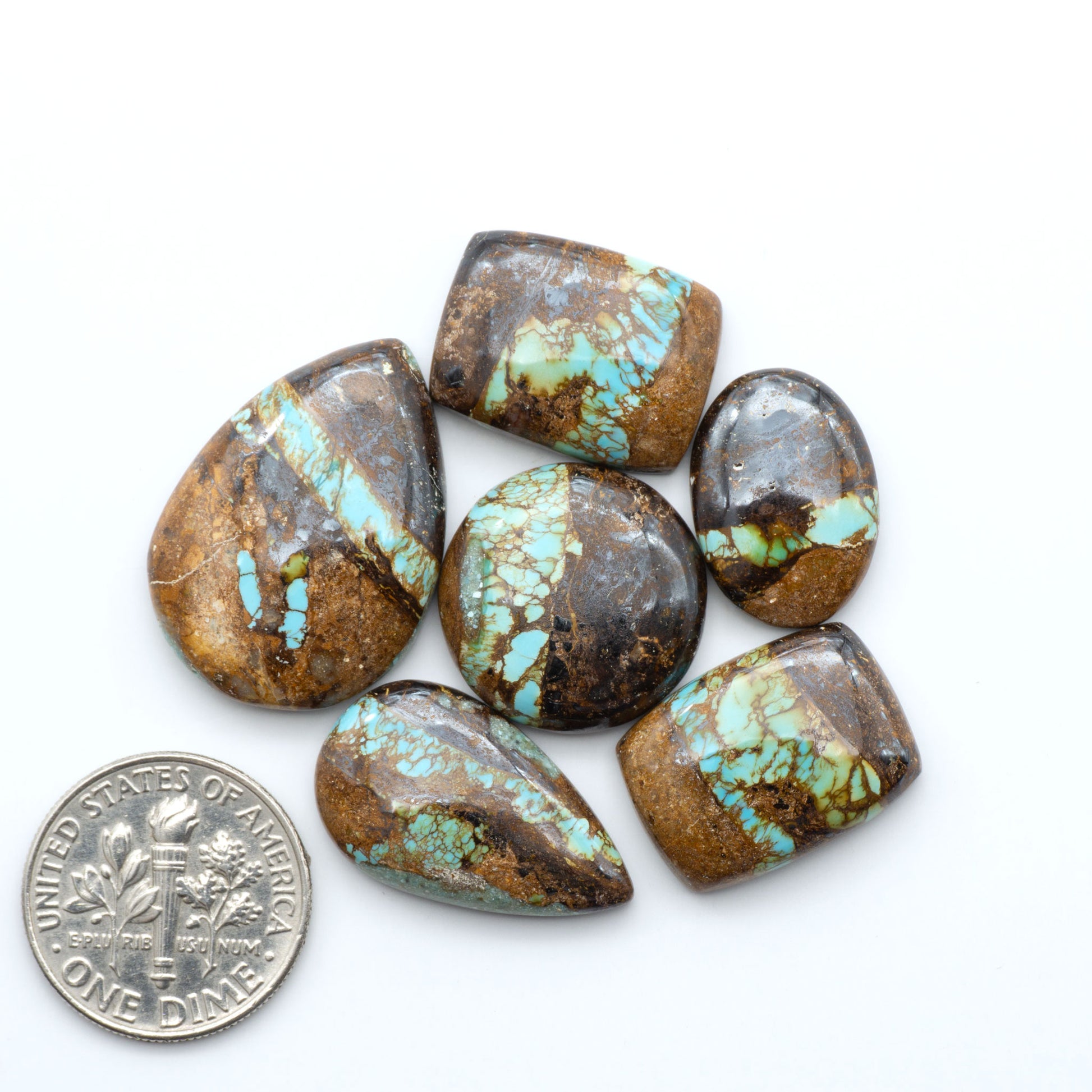 Royston Turquoise cabochons, blue-green color with natural matrix, polished stones on a white background, with a US dime for scale