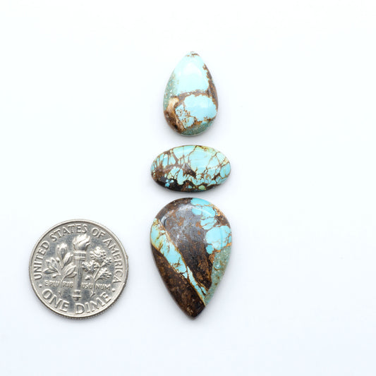 Royston Turquoise cabochons, blue-green color with natural matrix, polished stones on a white background, with a US dime for scale