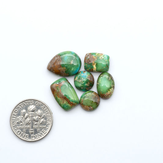 Sonoran Mountain Turquoise cabochons, blue-green color with natural matrix, polished stones on a white background, with a US dime for scale