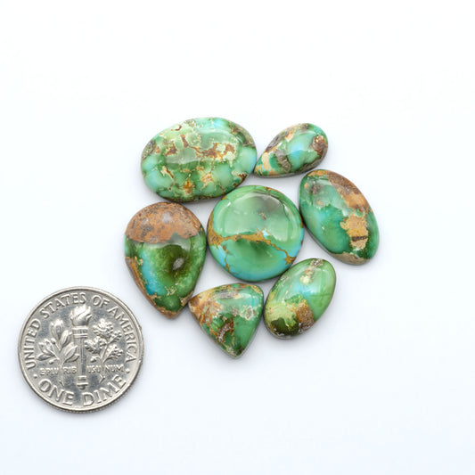 Sonoran Mountain Turquoise cabochons, blue-green color with natural matrix, polished stones on a white background, with a US dime for scale
