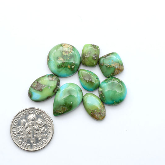 Sonoran Mountain Turquoise cabochons, blue-green color with natural matrix, polished stones on a white background, with a US dime for scale