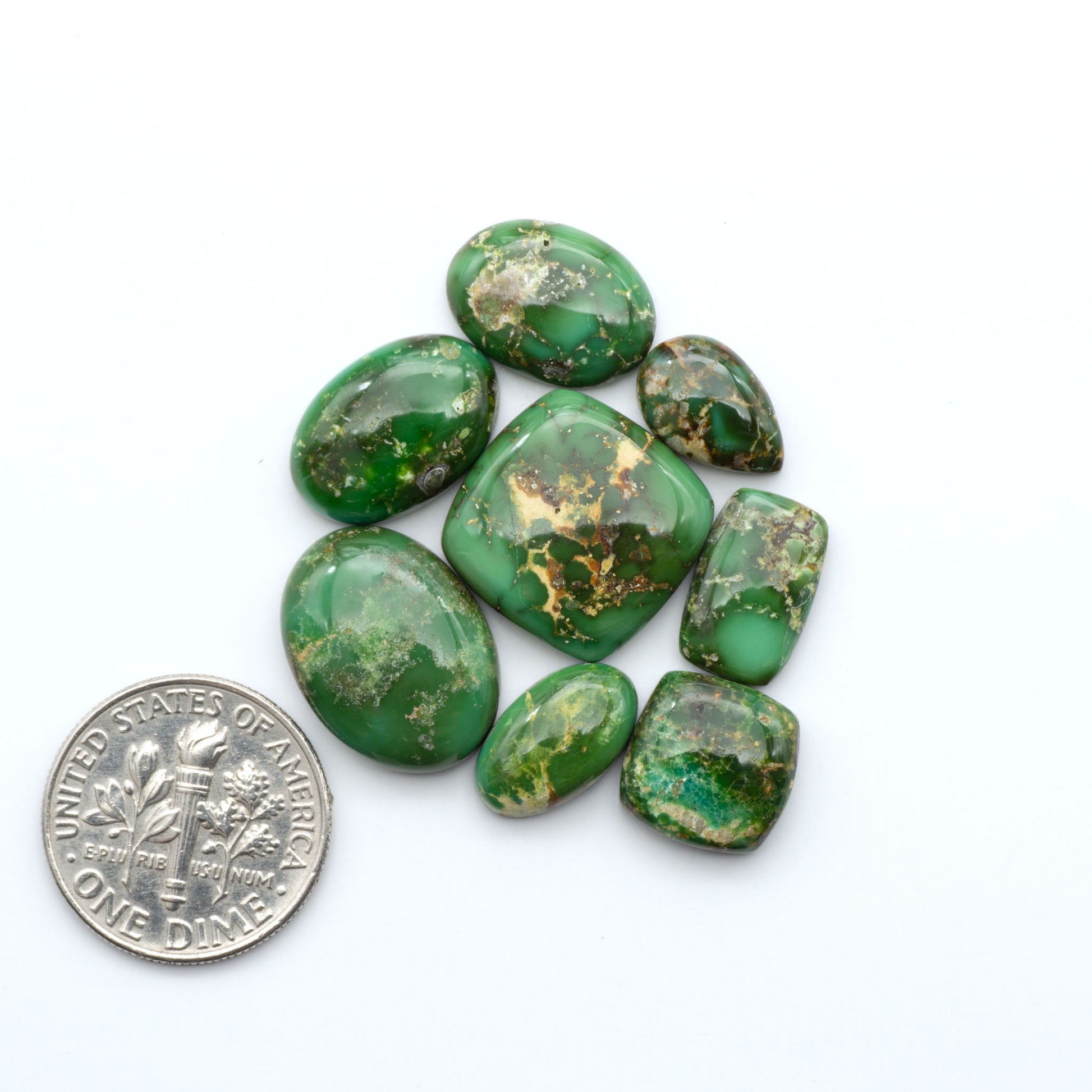 Sonoran Mountain Turquoise cabochons, blue-green color with natural matrix, polished stones on a white background, with a US dime for scale