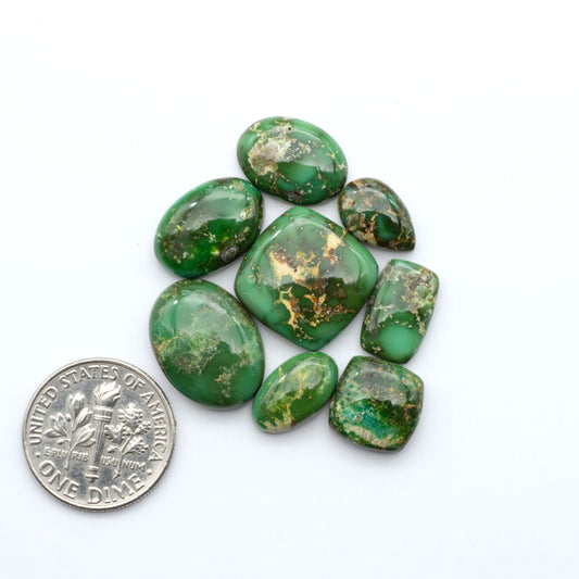 Sonoran Mountain Turquoise cabochons, blue-green color with natural matrix, polished stones on a white background, with a US dime for scale