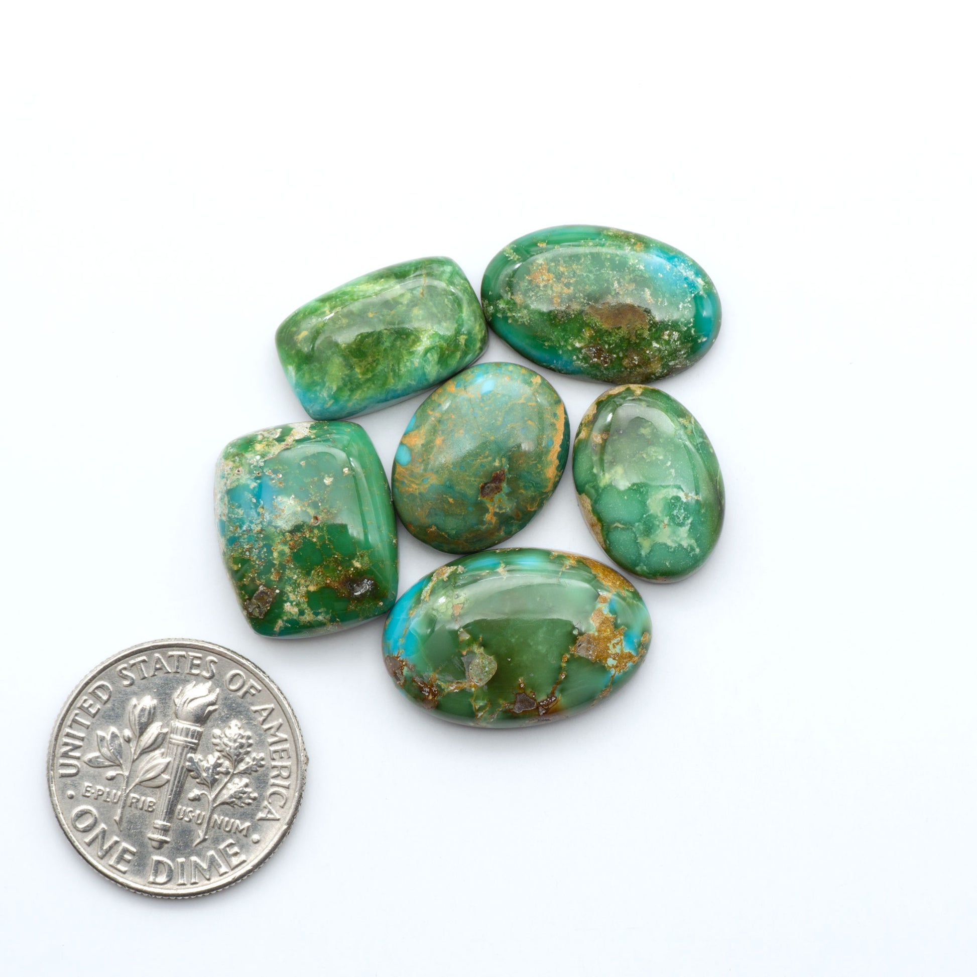 Sonoran Mountain Turquoise cabochons, blue-green color with natural matrix, polished stones on a white background, with a US dime for scale