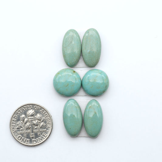 Number 8 Turquoise cabochons, blue and green color with brown matrix, polished stones on a white background, with a US dime for scale