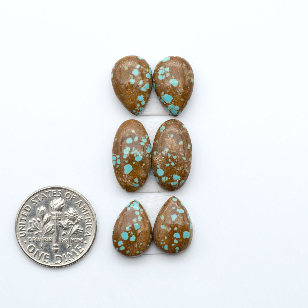 Number 8 Turquoise cabochons, blue and green color with brown matrix, polished stones on a white background, with a US dime for scale