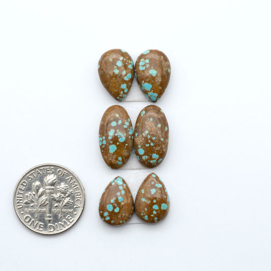 Number 8 Turquoise cabochons, blue and green color with brown matrix, polished stones on a white background, with a US dime for scale