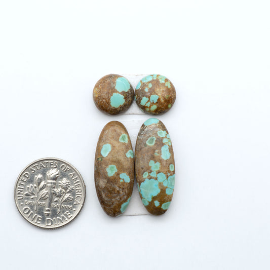 Number 8 Turquoise cabochons, blue and green color with brown matrix, polished stones on a white background, with a US dime for scale