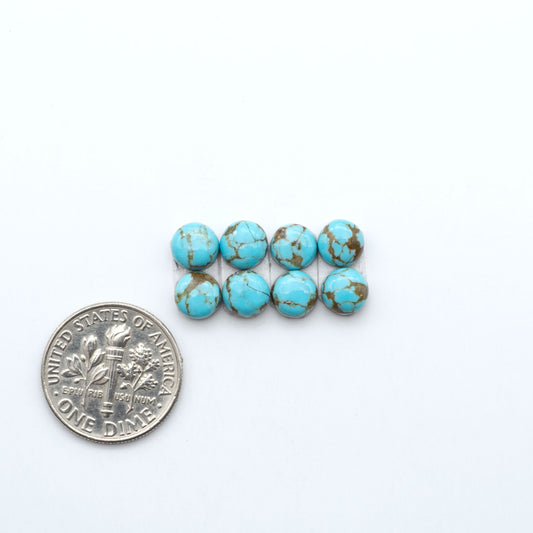 Number 8 Turquoise cabochons, blue and green color with brown matrix, polished stones on a white background, with a US dime for scale