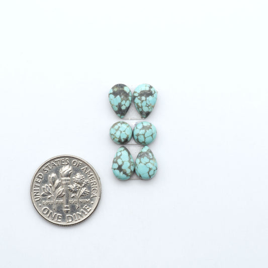 Number 8 Turquoise cabochons, blue and green color with brown matrix, polished stones on a white background, with a US dime for scale