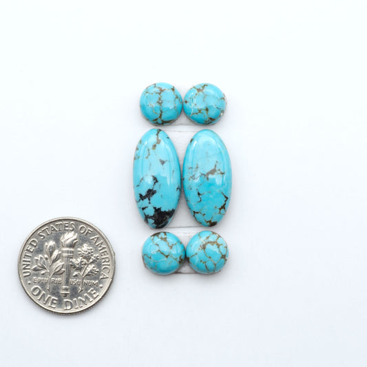 Number 8 Turquoise cabochons, blue and green color with brown matrix, polished stones on a white background, with a US dime for scale