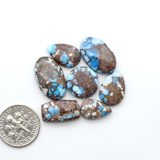 Golden Hills Turquoise cabochons, icy blue to lavender tones with chocolate matrix, polished stones on a white background with a US dime for scale