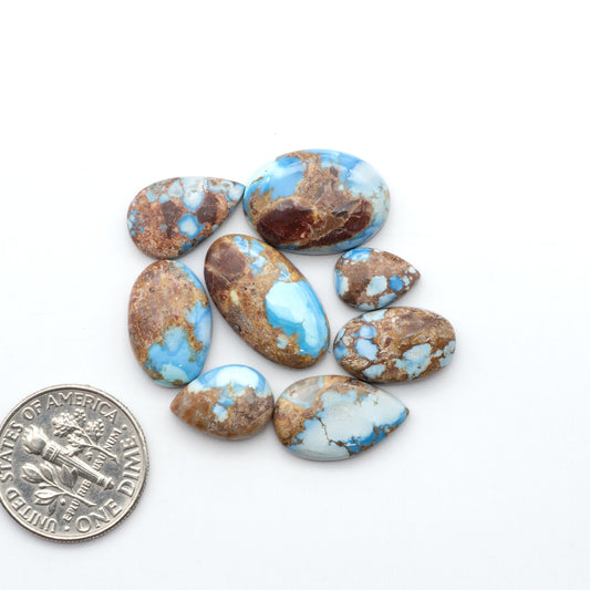 Golden Hills Turquoise cabochons, icy blue to lavender tones with chocolate matrix, polished stones on a white background with a US dime for scale