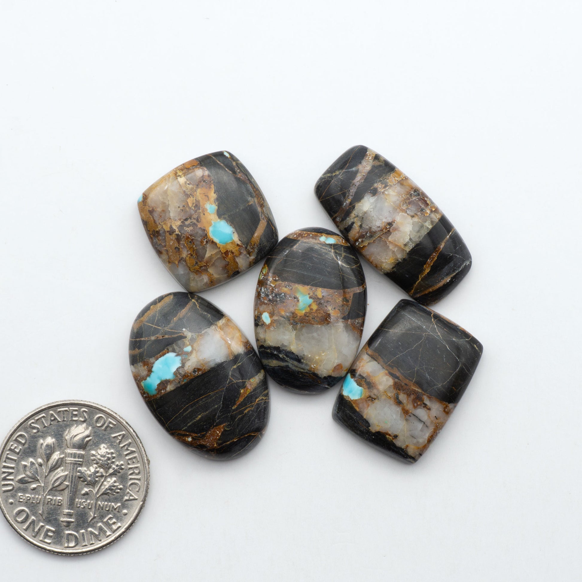 Black Jack turquoise cabochons, blue-green color with black matrix, polished stones on a white background with a US dime for scale