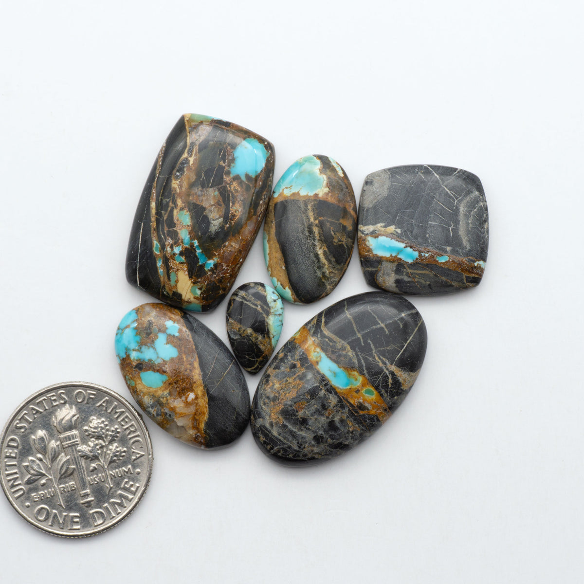 Black Jack turquoise cabochons, blue-green color with black matrix, polished stones on a white background with a US dime for scale