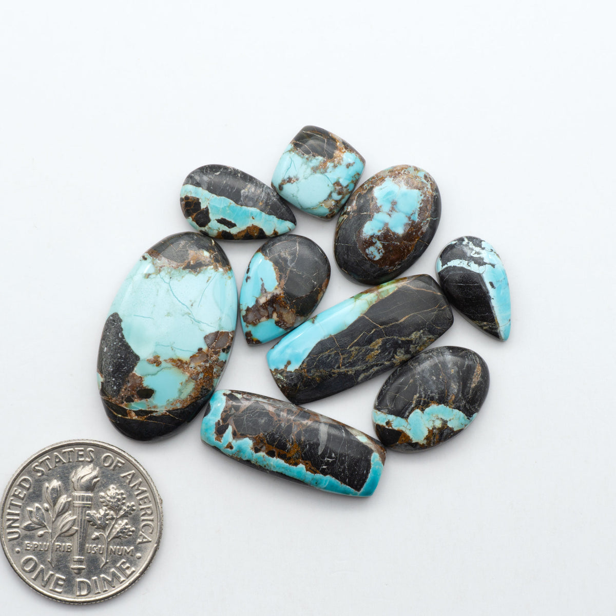 Black Jack turquoise cabochons, blue-green color with black matrix, polished stones on a white background with a US dime for scale