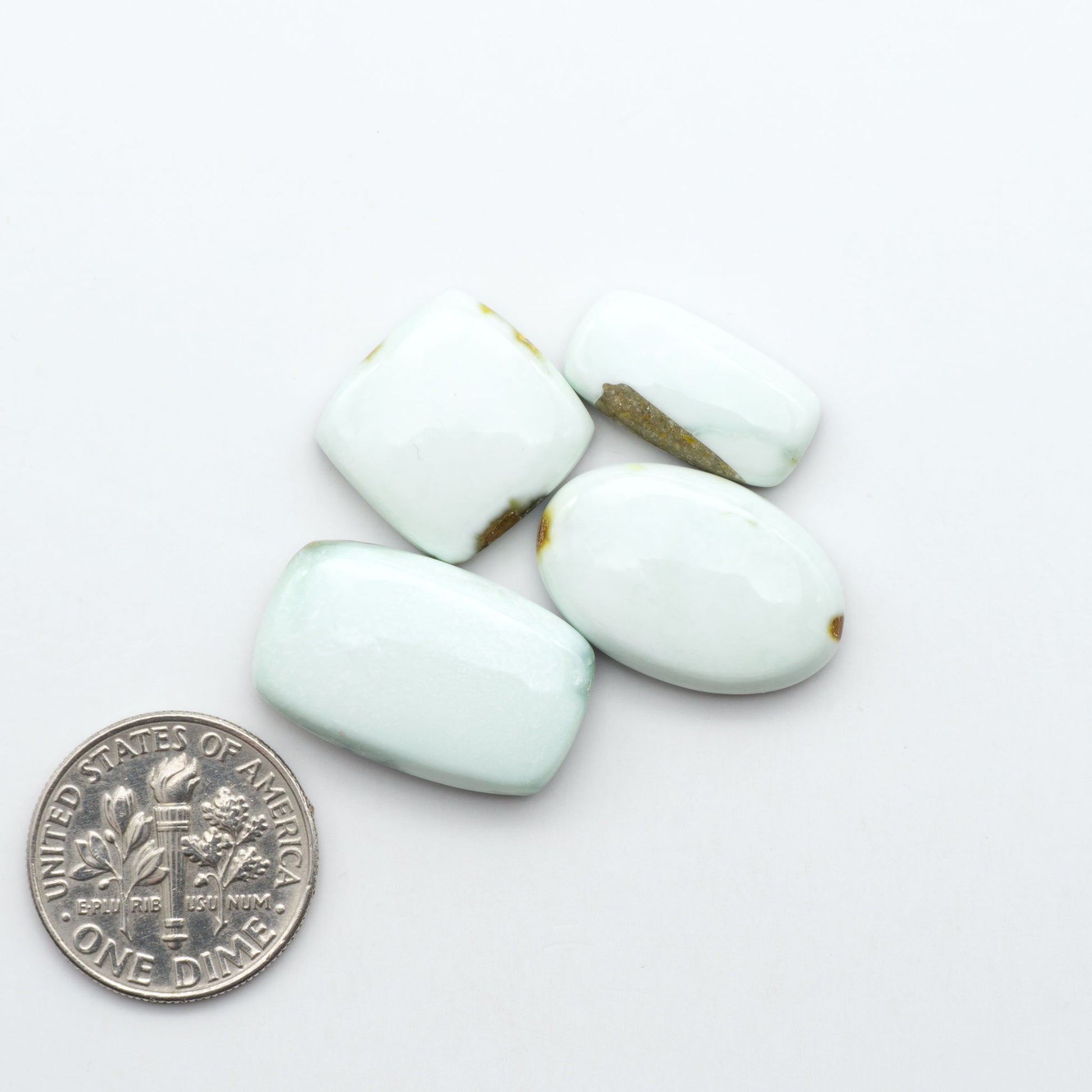 Palomino Variscite cabochons, polished yellow-green gemstones with natural matrix on a white background with a US dime for scale