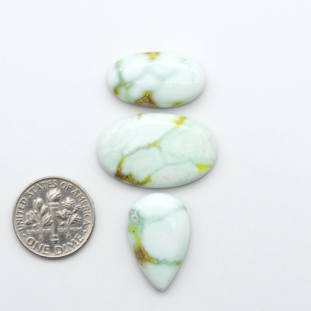 Palomino Variscite cabochons, polished yellow-green gemstones with natural matrix on a white background with a US dime for scale