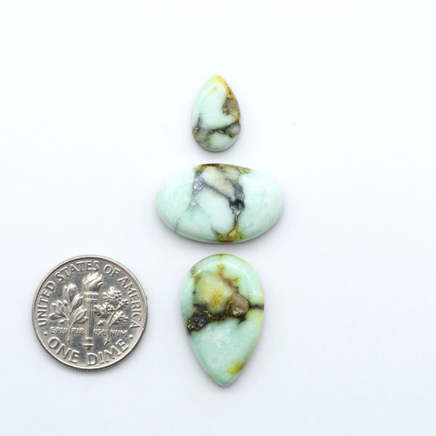 Palomino Variscite cabochons, polished yellow-green gemstones with natural matrix on a white background with a US dime for scale