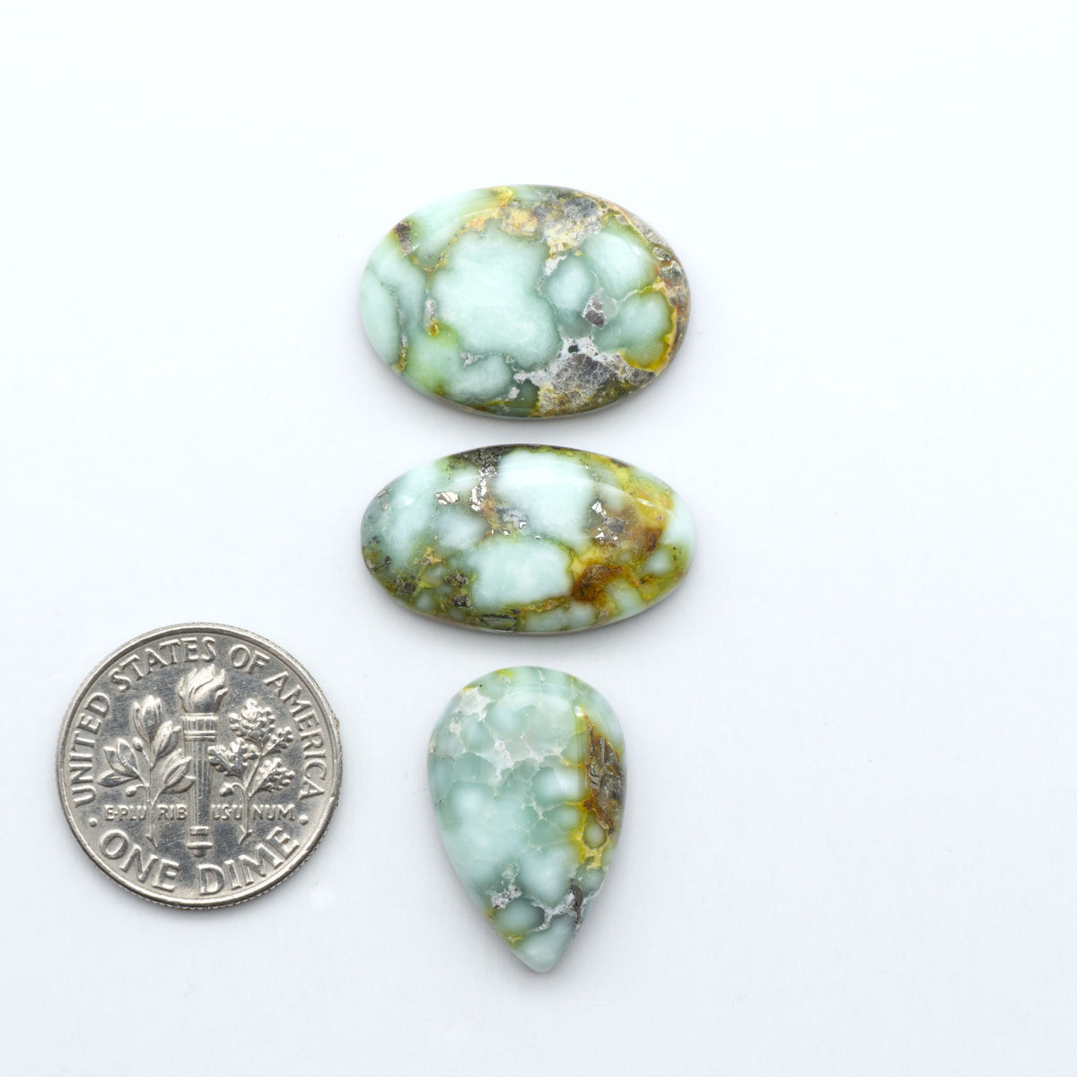 Palomino Variscite cabochons, polished yellow-green gemstones with natural matrix on a white background with a US dime for scale