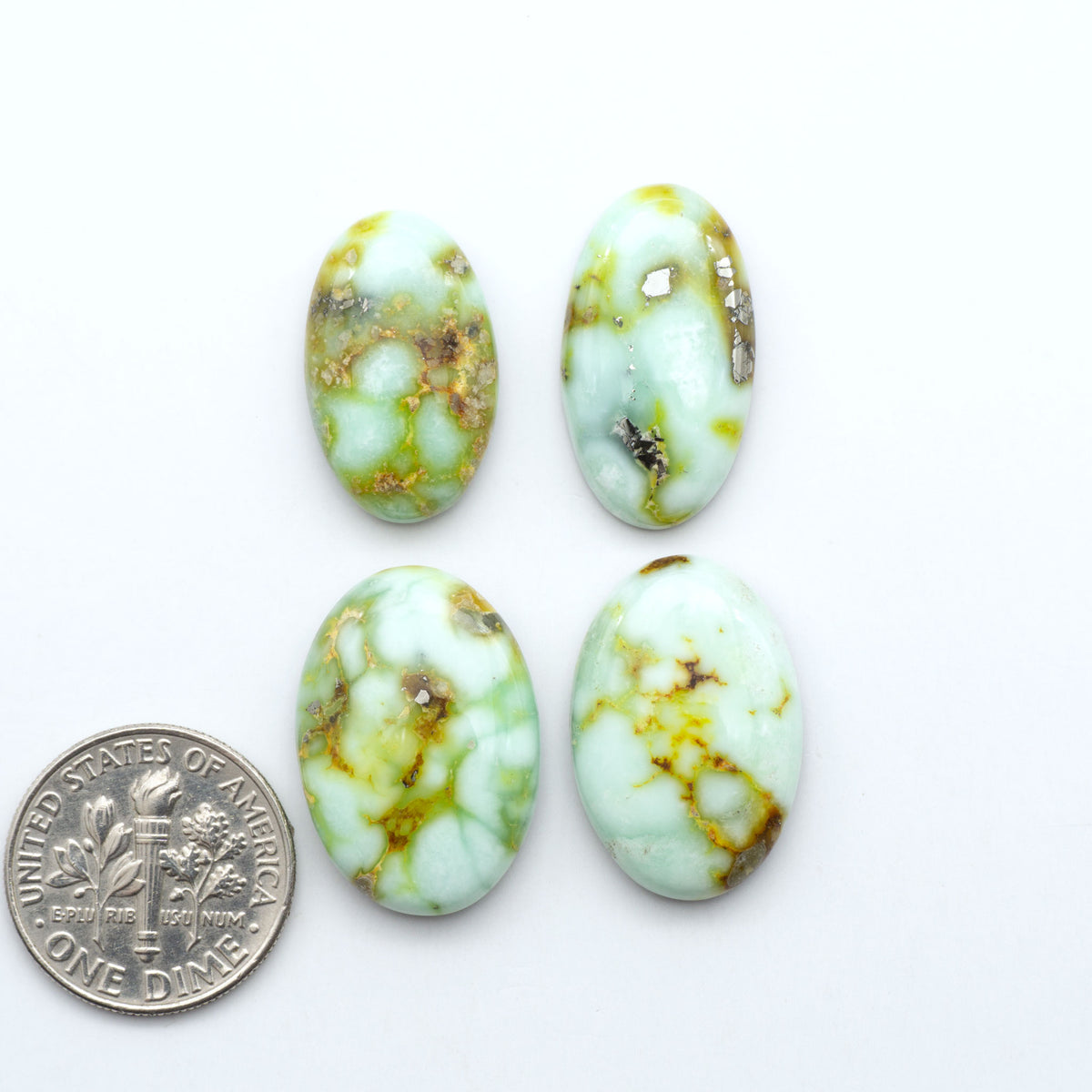 Palomino Variscite cabochons, polished yellow-green gemstones with natural matrix on a white background with a US dime for scale