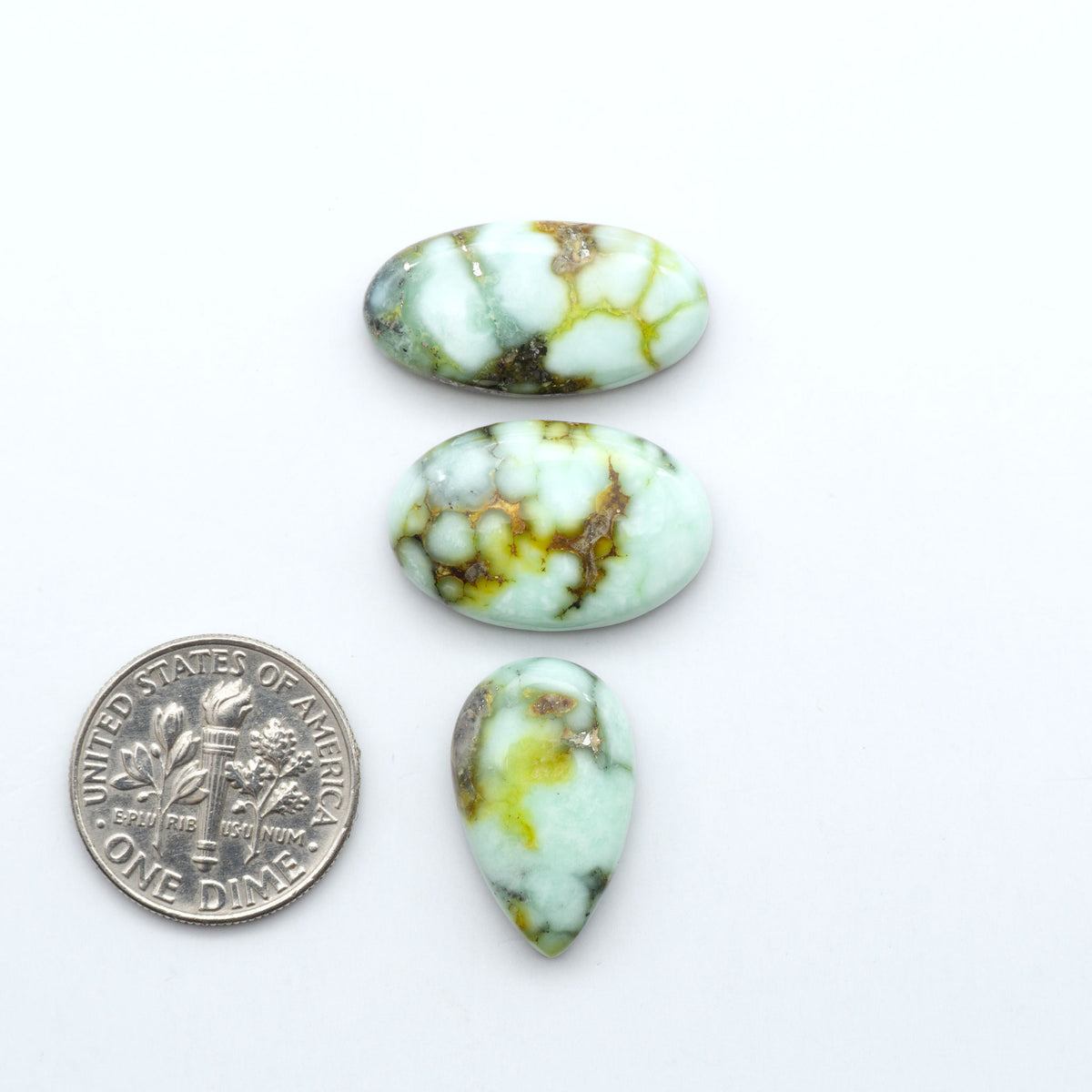 Palomino Variscite cabochons, polished yellow-green gemstones with natural matrix on a white background with a US dime for scale