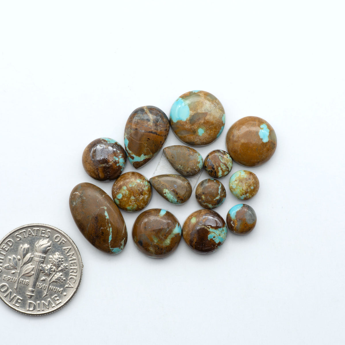 Number 8 Turquoise cabochons, blue and green color with brown matrix, polished stones on a white background, with a US dime for scale