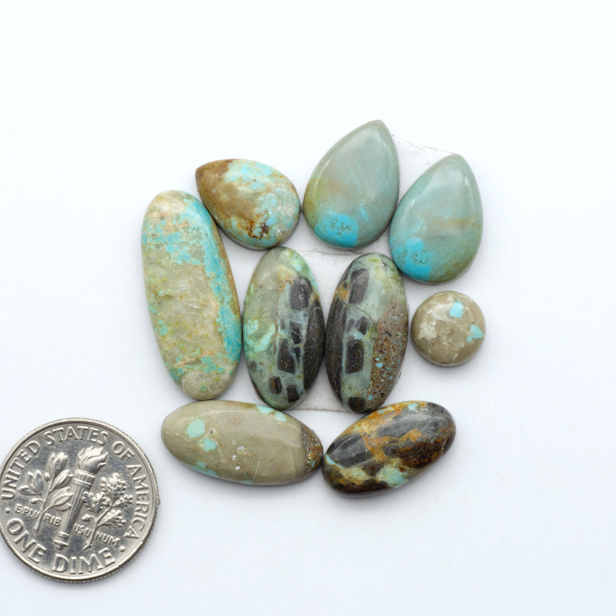 Number 8 Turquoise cabochons, blue and green color with brown matrix, polished stones on a white background, with a US dime for scale