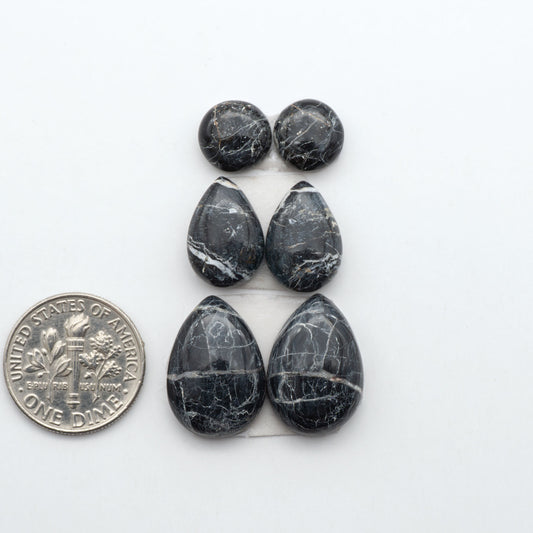 White Buffalo stone cabochons, white stone with black matrix, polished stones on a white background, with a US dime for scale