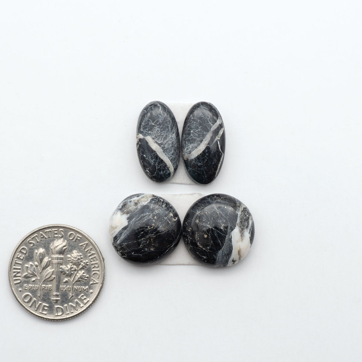 White Buffalo stone cabochons, white stone with black matrix, polished stones on a white background, with a US dime for scale
