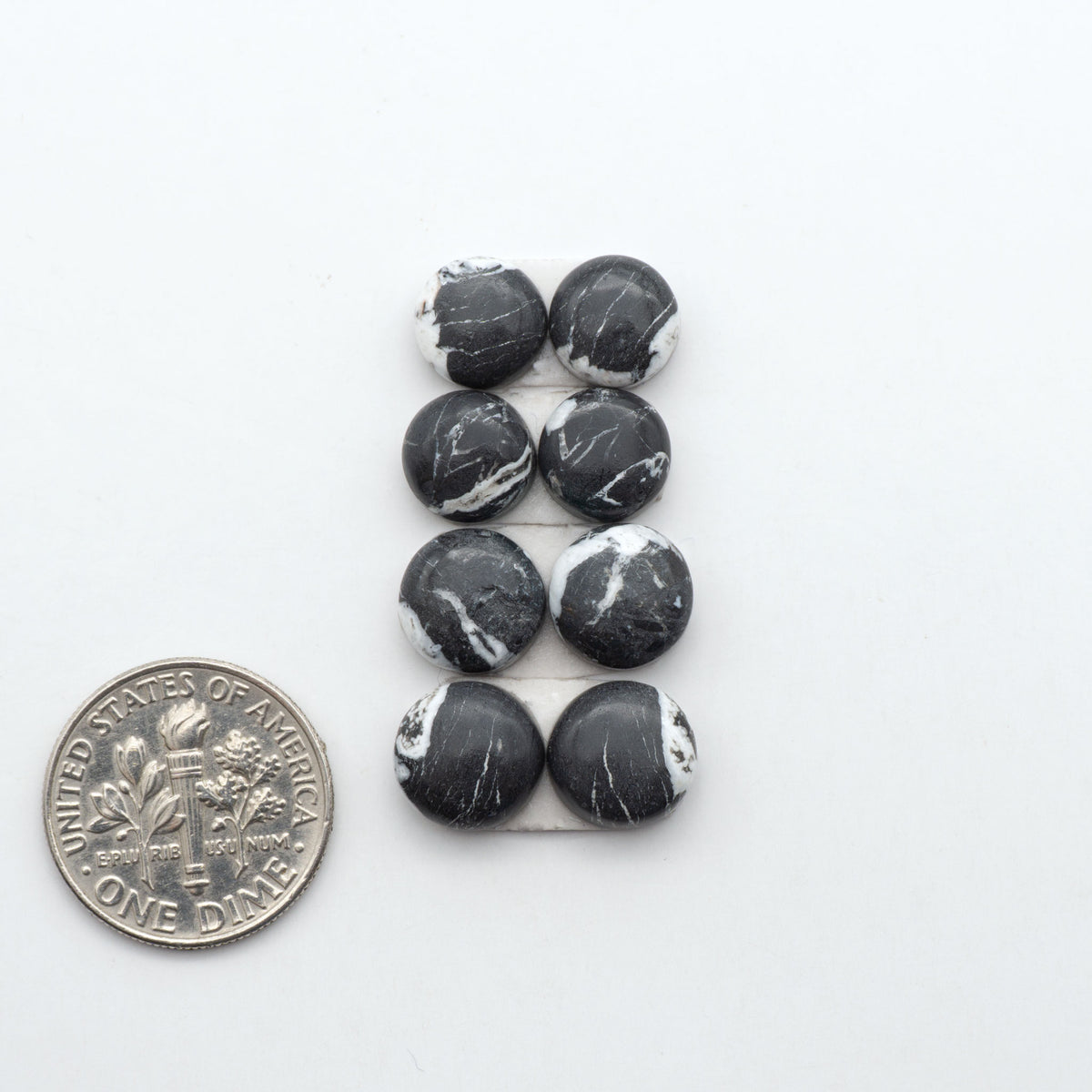 White Buffalo stone cabochons, white stone with black matrix, polished stones on a white background, with a US dime for scale