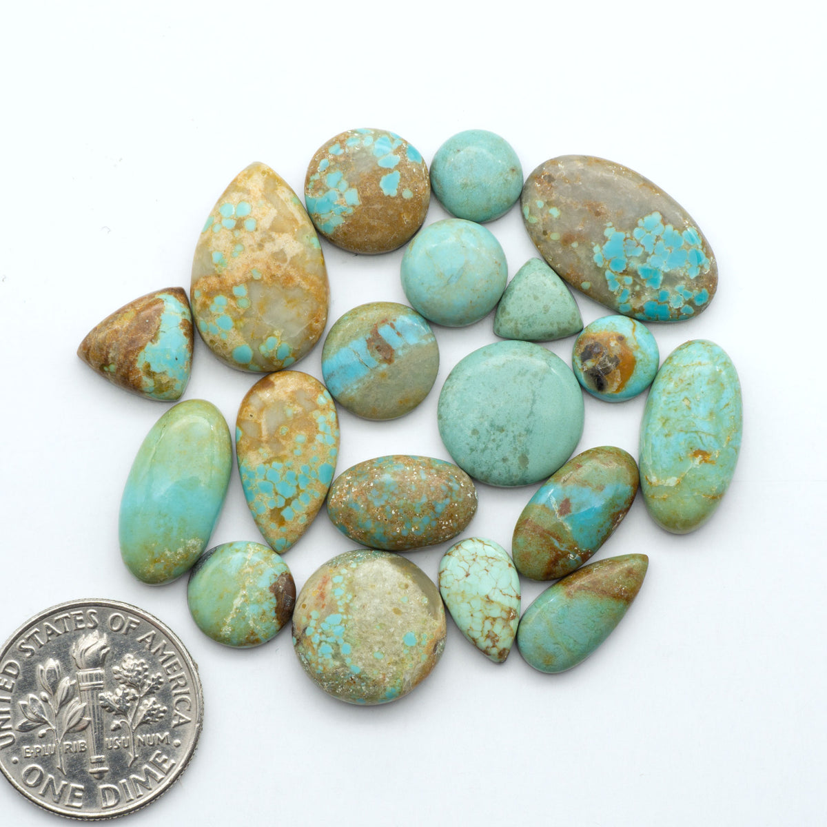 Number 8 Turquoise cabochons, blue and green color with brown matrix, polished stones on a white background, with a US dime for scale