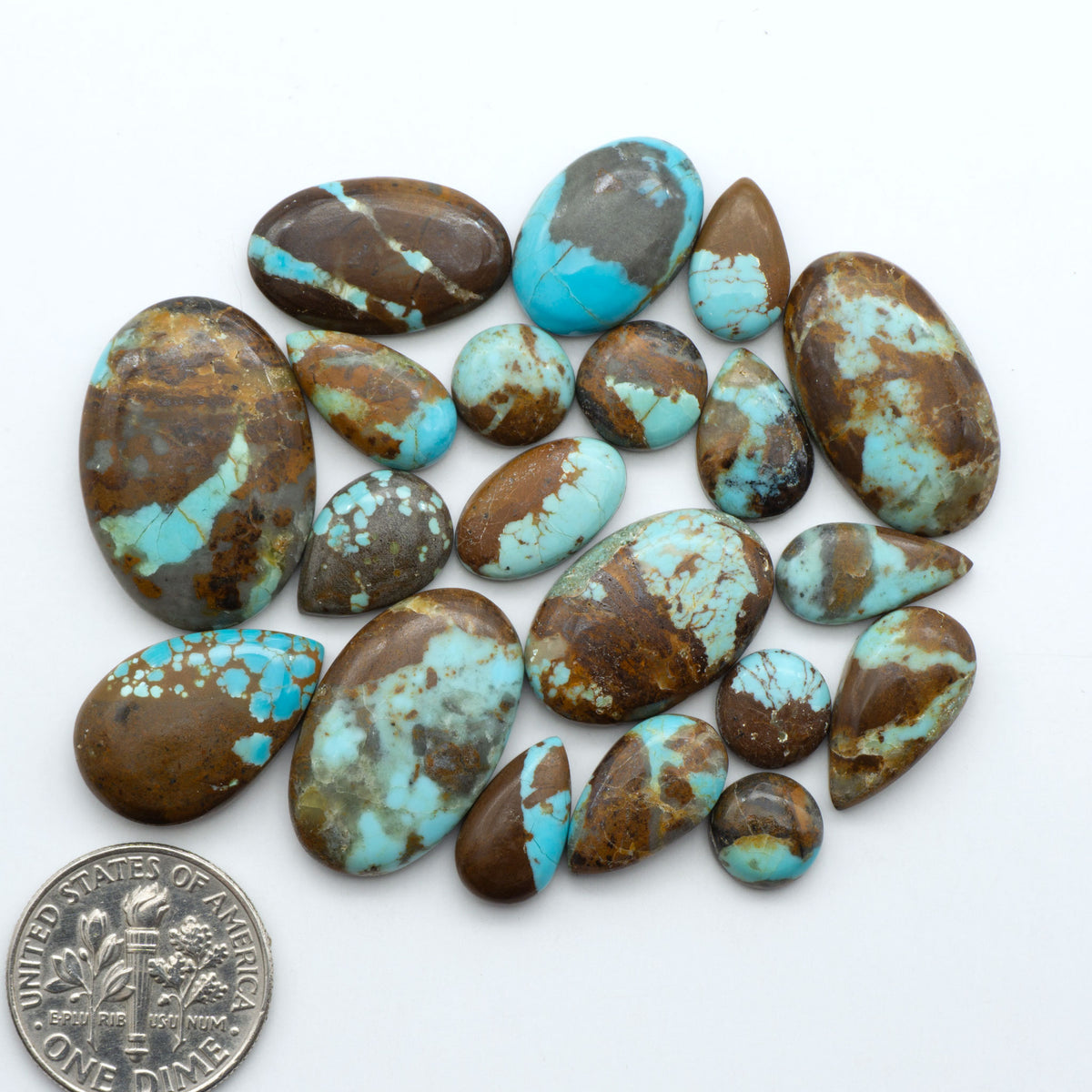 Number 8 Turquoise cabochons, blue and green color with brown matrix, polished stones on a white background, with a US dime for scale