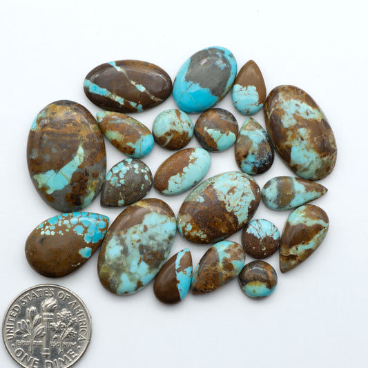 Number 8 Turquoise cabochons, blue and green color with brown matrix, polished stones on a white background, with a US dime for scale