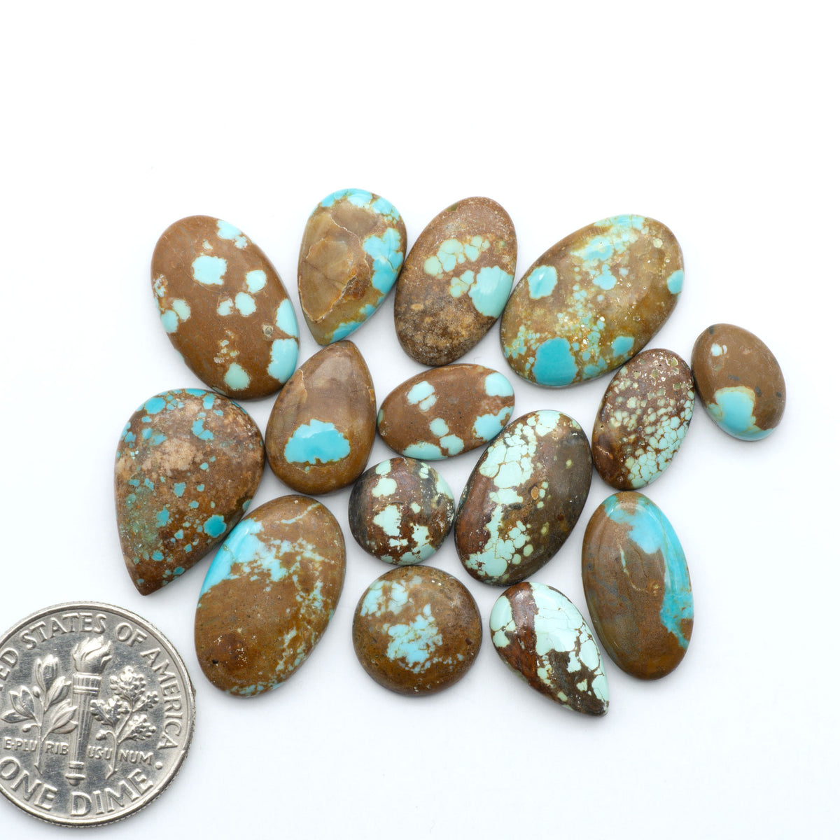 Number 8 Turquoise cabochons, blue and green color with brown matrix, polished stones on a white background, with a US dime for scale