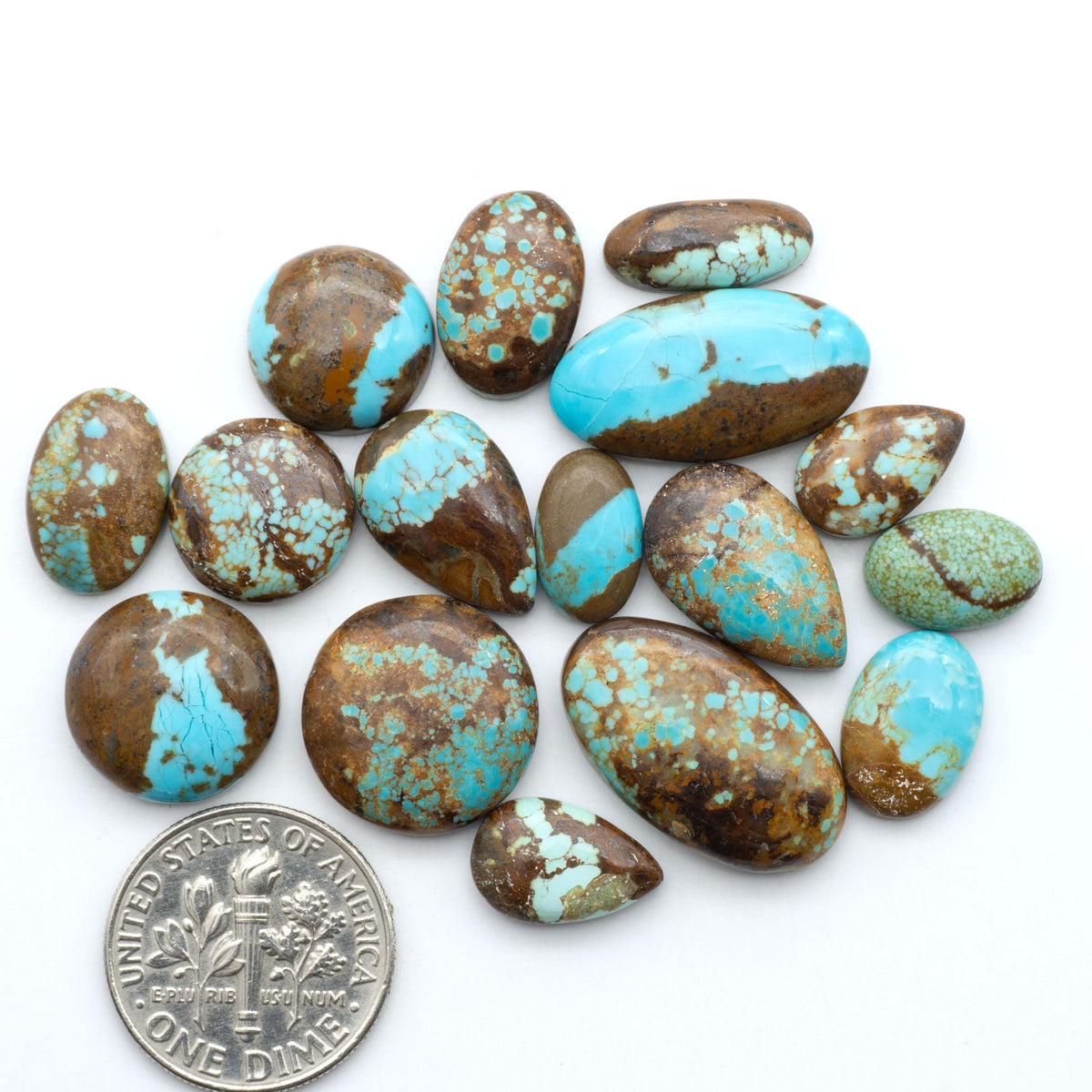 Number 8 Turquoise cabochons, blue and green color with brown matrix, polished stones on a white background, with a US dime for scale