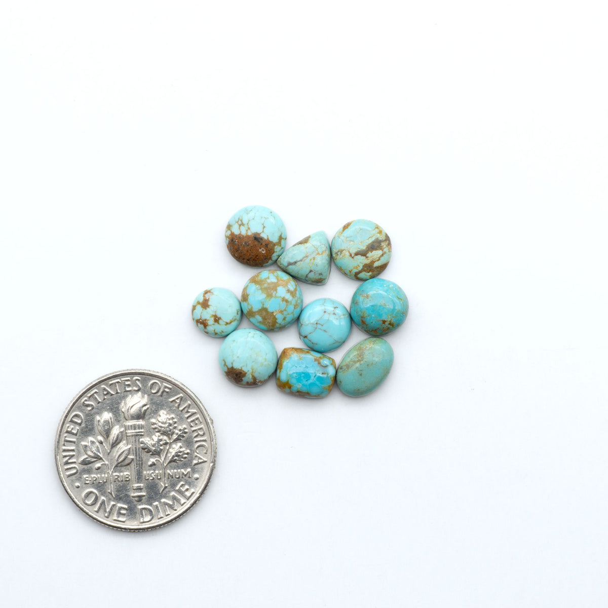 Number 8 Turquoise cabochons, blue and green color with brown matrix, polished stones on a white background, with a US dime for scale