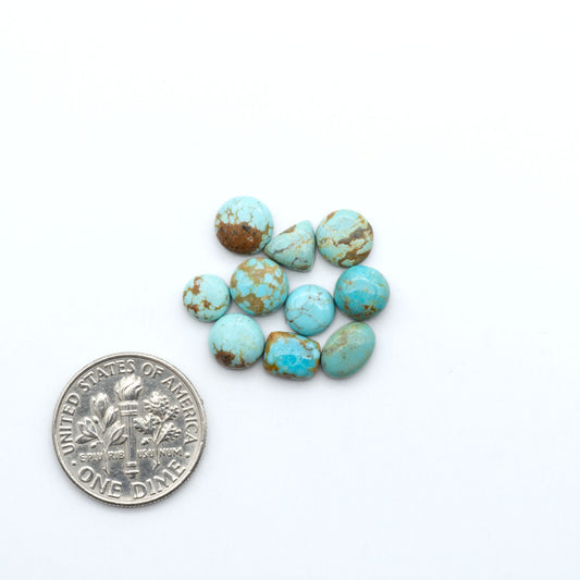 Number 8 Turquoise cabochons, blue and green color with brown matrix, polished stones on a white background, with a US dime for scale