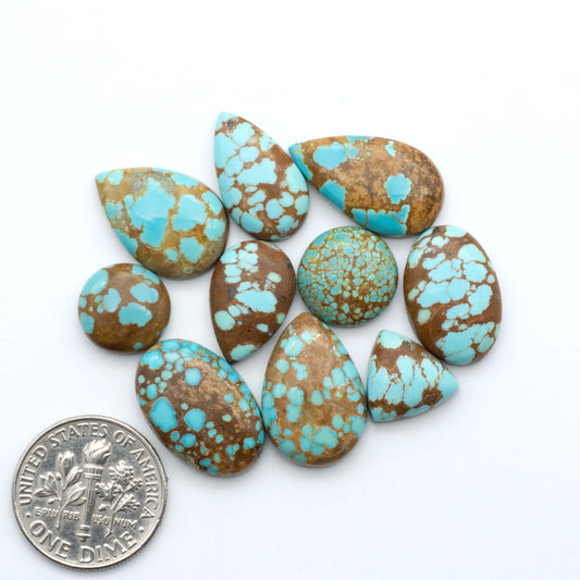 Number 8 Turquoise cabochons, blue and green color with brown matrix, polished stones on a white background, with a US dime for scale